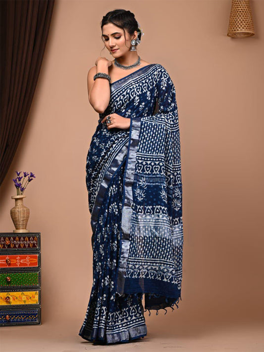 Indigo Jaal Sanganeri Linen Saree