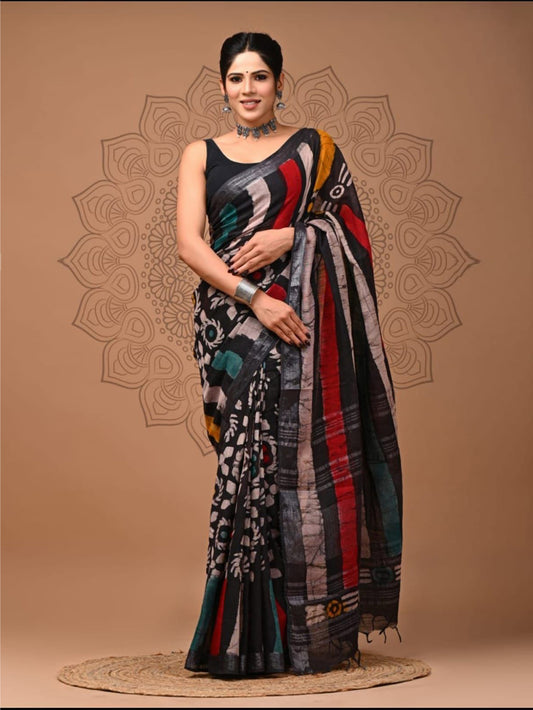 Black Batik Linen Saree