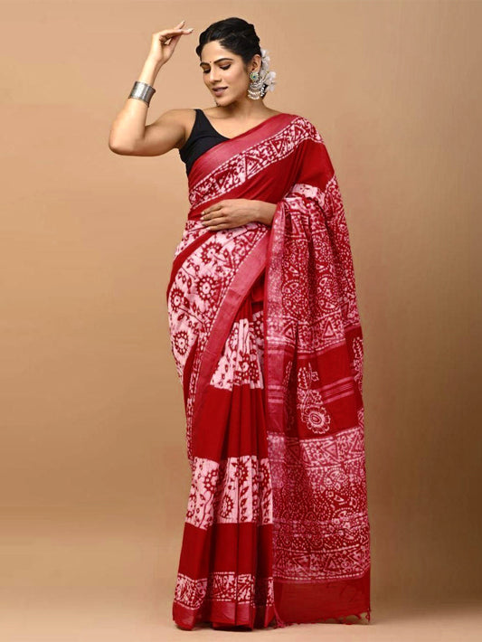 Red Batik Linen Saree