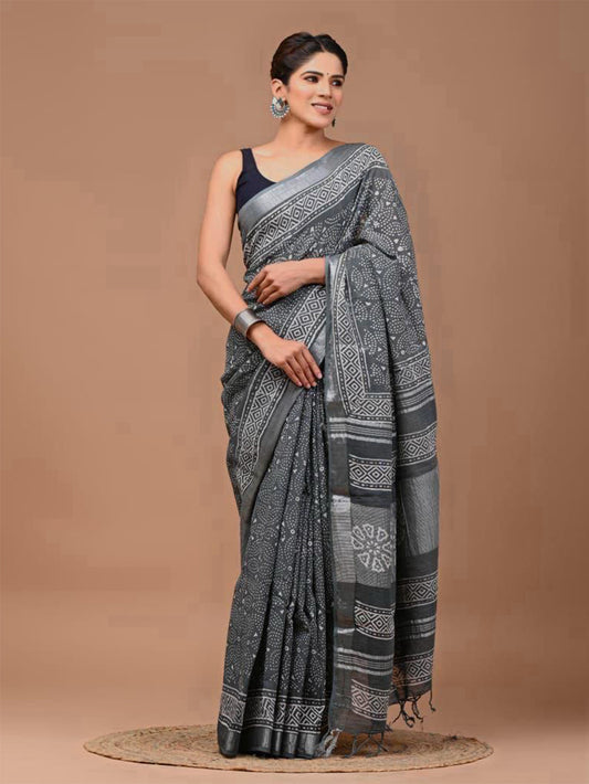 Grey Butti Dabu Linen Saree