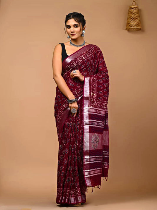 Maroon Jaal Sanganeri Linen Saree