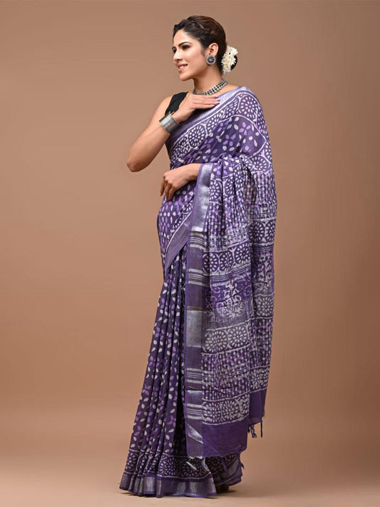 Purple Batik Linen Saree