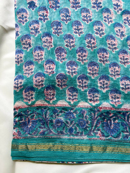 Turquoise Dabu Chanderi Silk Saree