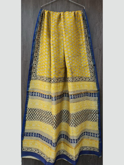 Mustard Dabu Chanderi Silk Saree