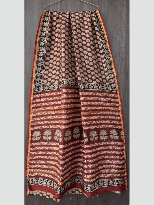 Maroon Dabu Chanderi Silk Saree