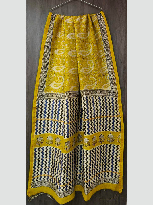 Mustard Ajrak Chanderi Silk Saree