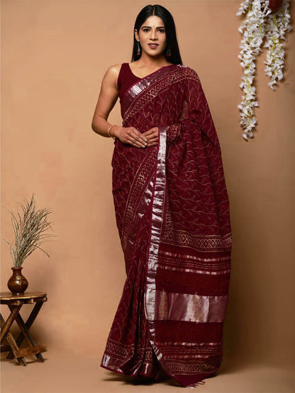 Maroon Floral Kalamkari Linen Saree