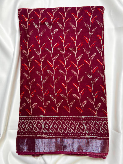 Maroon Floral Kalamkari Linen Saree