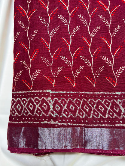 Maroon Floral Kalamkari Linen Saree