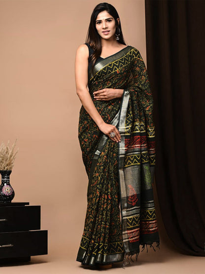 Green Jaal Kalamkari Linen Saree