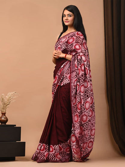 Maroon Batik Linen Saree