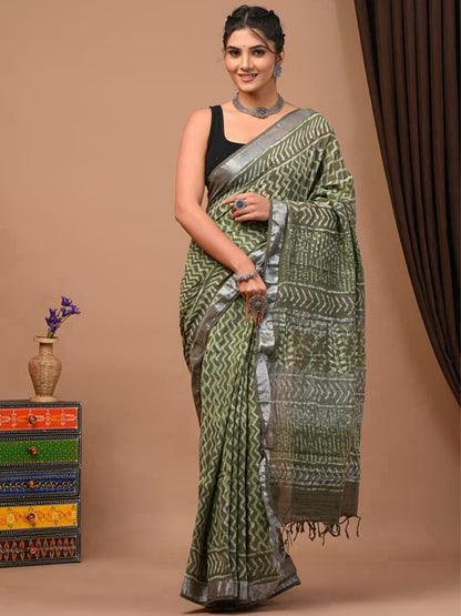 Green Leheriya Dabu Linen Saree