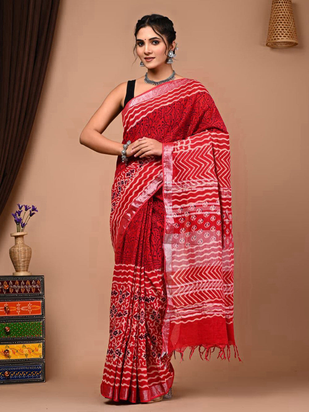 Red Jaal Kalamkari Linen Saree