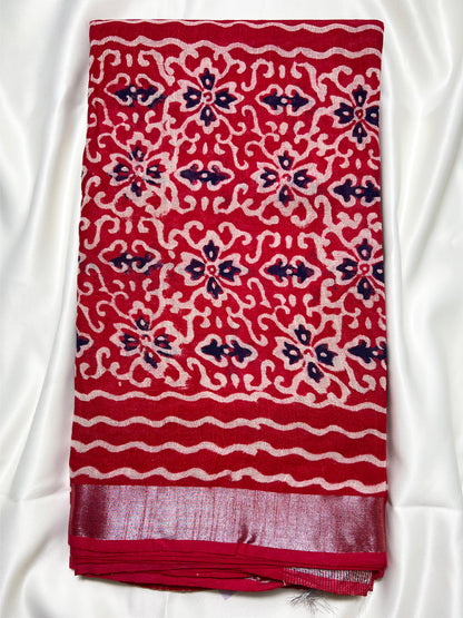 Red Jaal Kalamkari Linen Saree