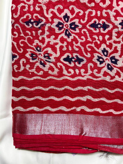 Red Jaal Kalamkari Linen Saree