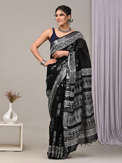 Black Geometry Kalamkari Linen Saree