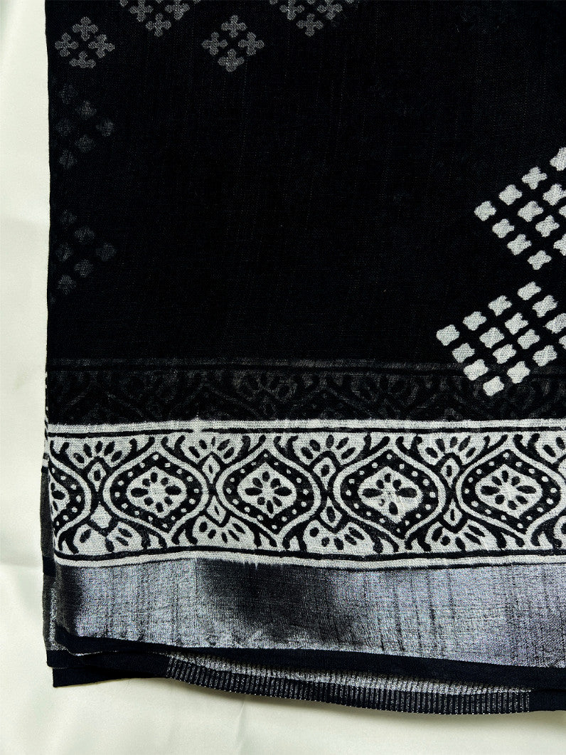 Black Geometry Kalamkari Linen Saree