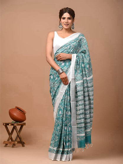 Blue Jaal Kalamkari Linen Saree