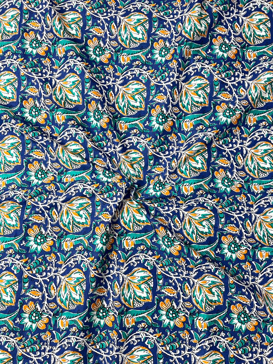 Blue Kalamkari Lotus Jaal Cotton Fabric