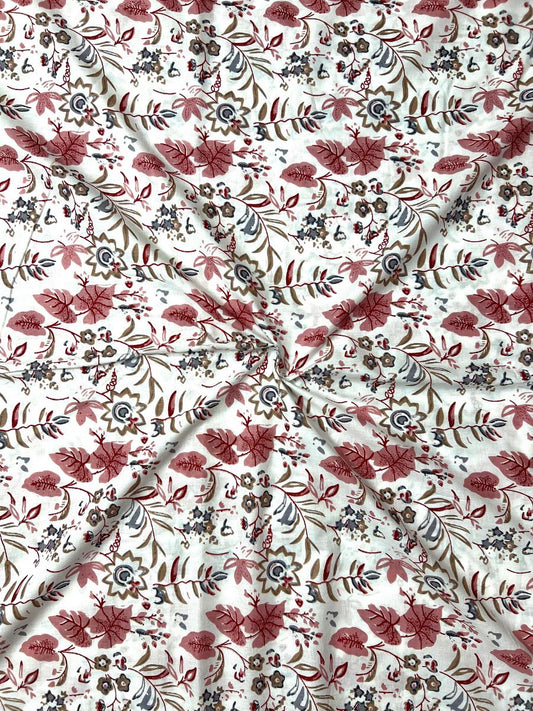 White Magenta Sanganeri Jaal Cotton Fabric