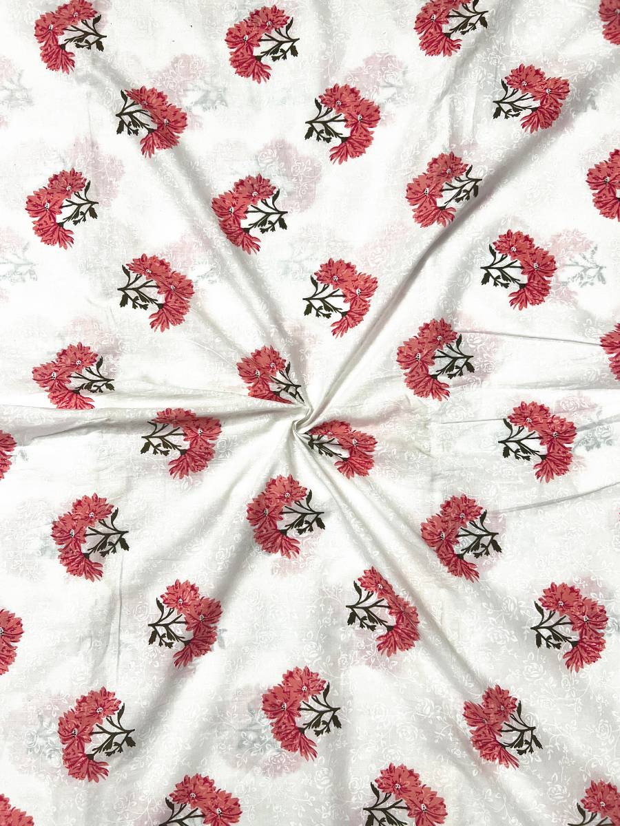 White Kalamkari Flowers Cotton Fabric