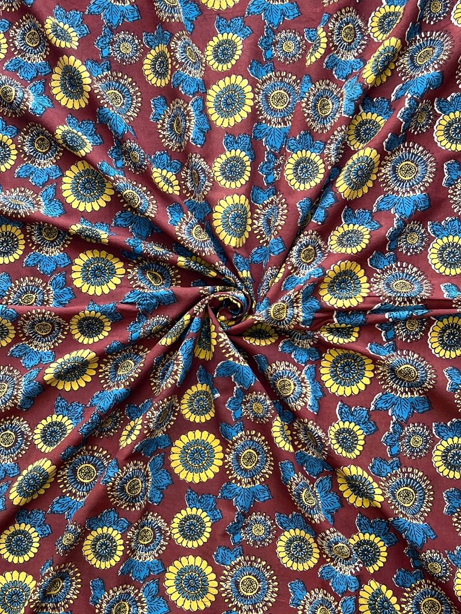 Maroon Sunflower Cotton Fabric - Dorukh